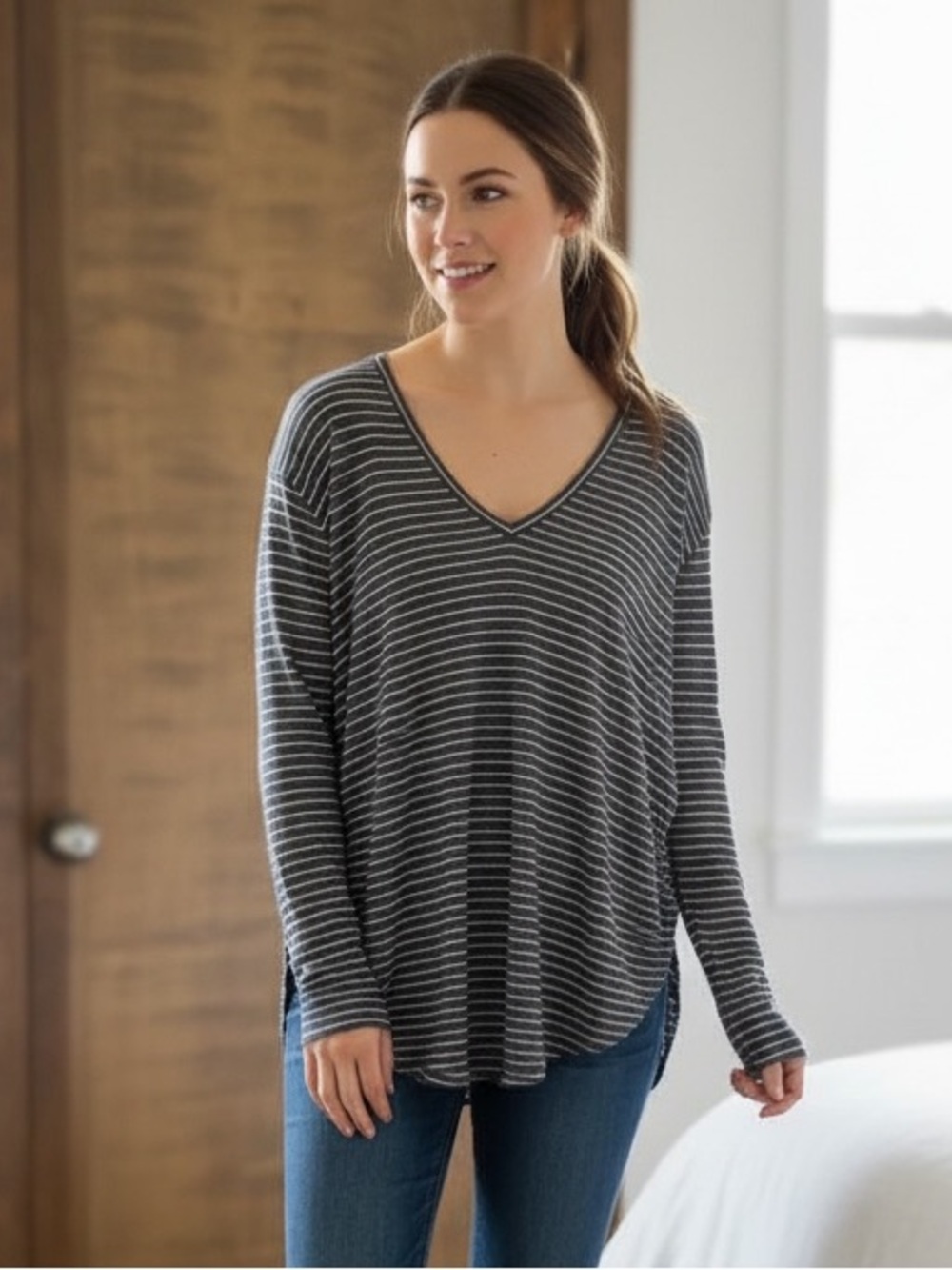 NWT Madewell Gray/White Striped Knit Top Sz M